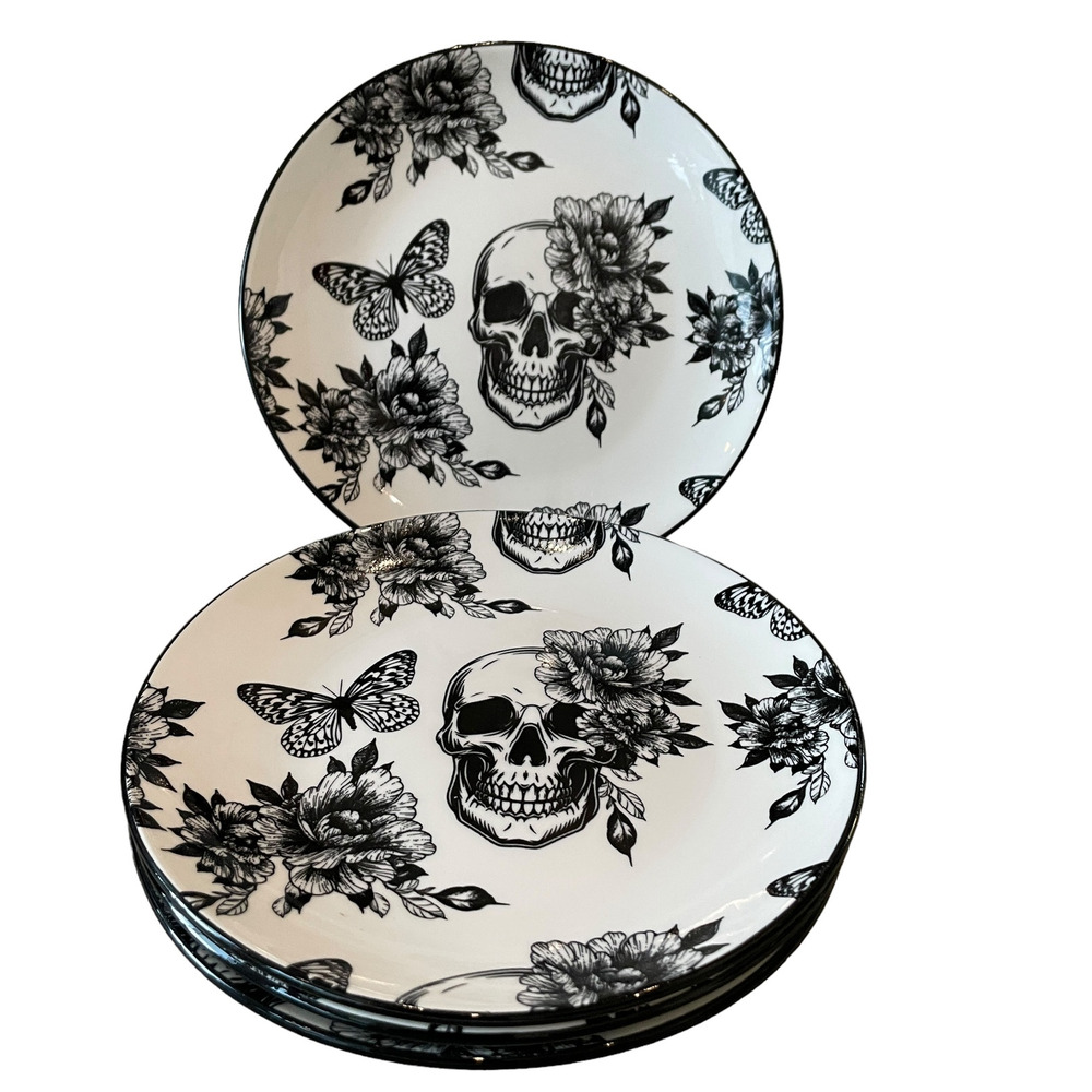 ZRIKE Halloween Skull & Butterfly Porcelain Salad Plate Set of 4 Black White New